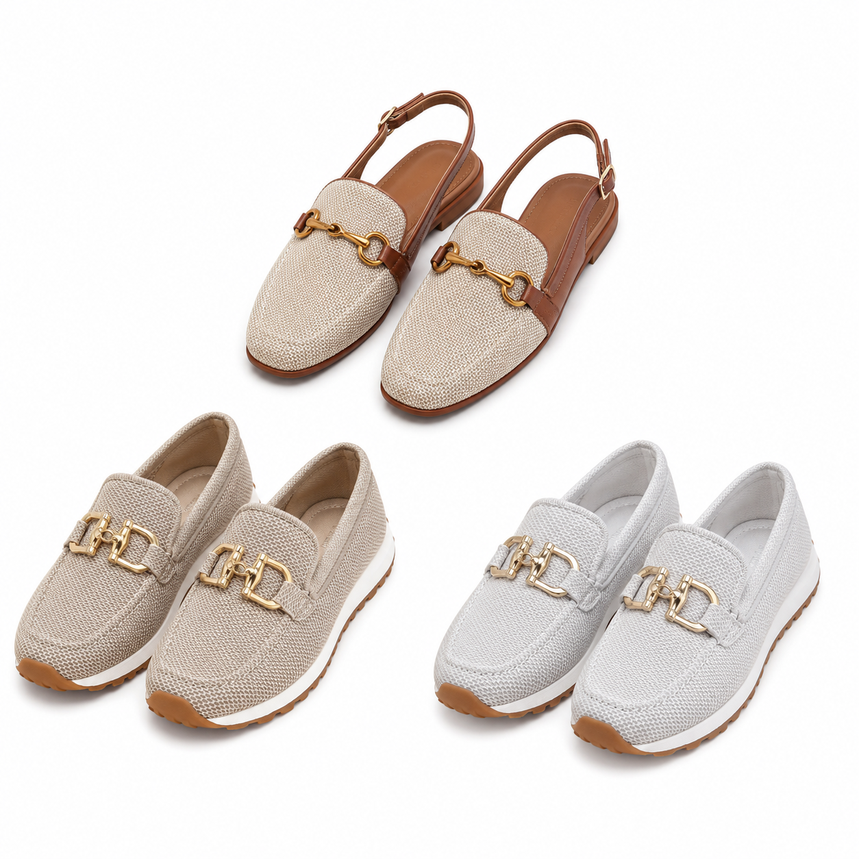 3 Pair Bundle: Beige Loafer Sandals + Beige Loafer Sneakers + White