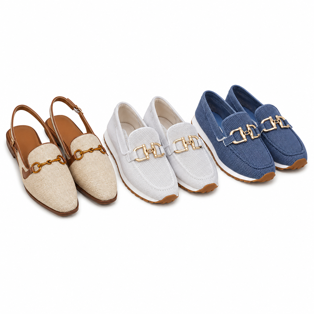 3 Pair Bundle: Beige Loafer Sandals + White Loafer Sneakers + Navy
