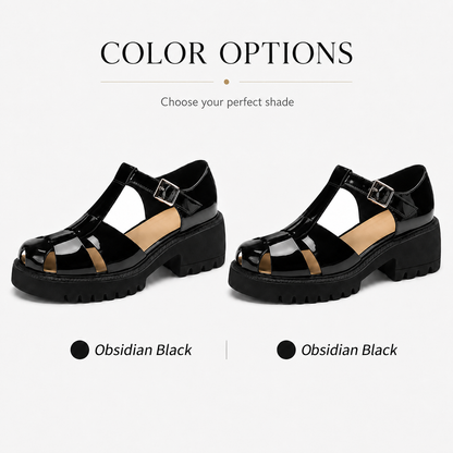 Women’s Arch-Support Chunky Platform Mary Jane Fisherman Sandals, Glossy Patent Leather T-Strap Caged Shoes with Posture-Lifting Fit, Foot-Friendly Comfort, Adjustable Buckle & 2–3cm Slimmer-Looking Lug Sole