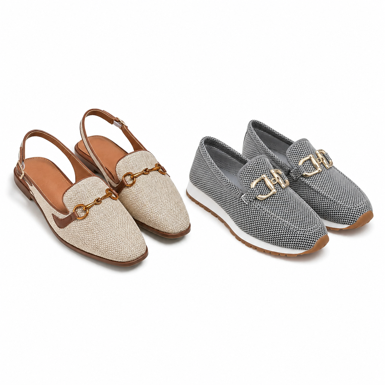 2 Pair Bundle: Beige Loafer Sandals + Grey Loafer Sneakers
