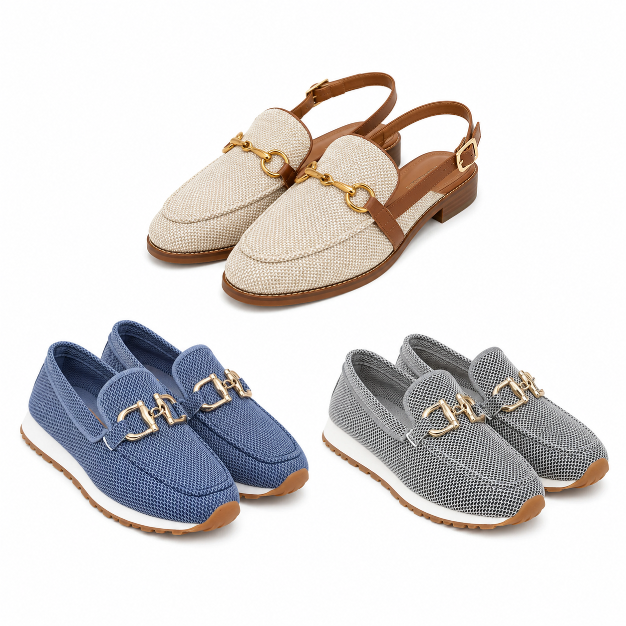 3 Pair Bundle: Beige Loafer Sandals + Grey Loafer Sneakers + Navy