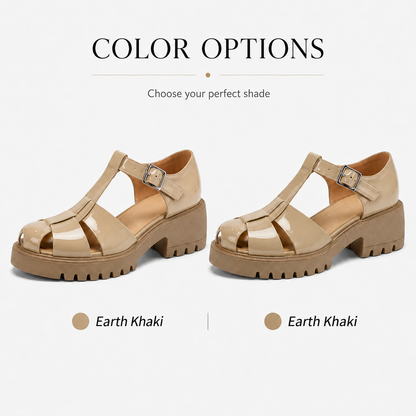 Women’s Arch-Support Chunky Platform Mary Jane Fisherman Sandals, Glossy Patent Leather T-Strap Caged Shoes with Posture-Lifting Fit, Foot-Friendly Comfort, Adjustable Buckle & 2–3cm Slimmer-Looking Lug Sole