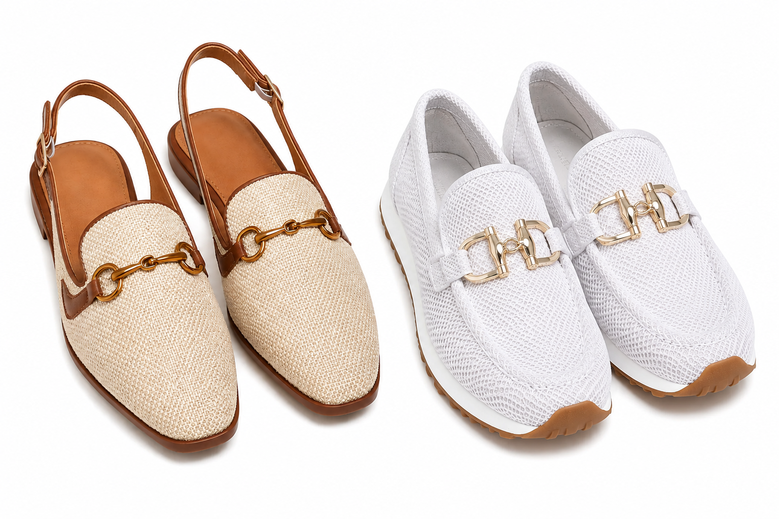 2 Pair Bundle: Beige Loafer Sandals + White Loafer Sneakers